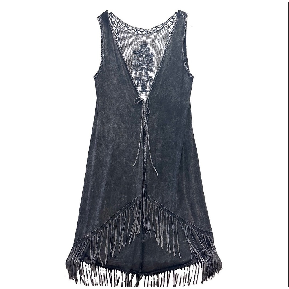 T Party M Acid Wash Fringe Vest Crochet Lace Charcoal Grey Festival Boho